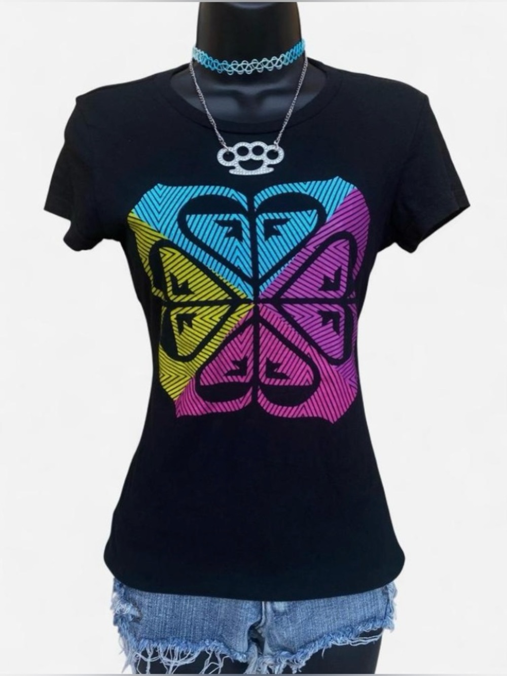 Y2k Roxy Paradise Black Baby Tee with Pink, Purple, Green & Blue Logo Design